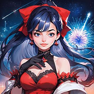 Woman with Blue Hair and Red Bow Amid Fireworks