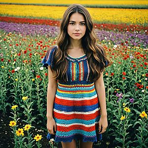 Young Woman in Colorful Crochet Dress in Flower Field