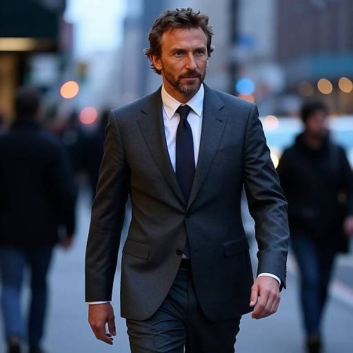 Man in Dark Grey Suit Walking on Urban Street at Twilight