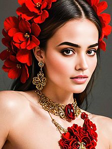 Elegant Woman with Red Flowers and Gold Jewelry