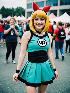Smiling Woman in Retro Dress with Yellow Bob at Outdoor Event