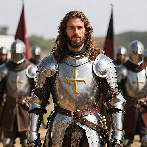 Medieval Knight with Golden Cross in Shining Armor Leading Armored Soldiers