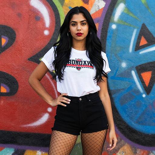 Confident Woman in Urban Street Style Outfit Posing by Graffiti Wall
