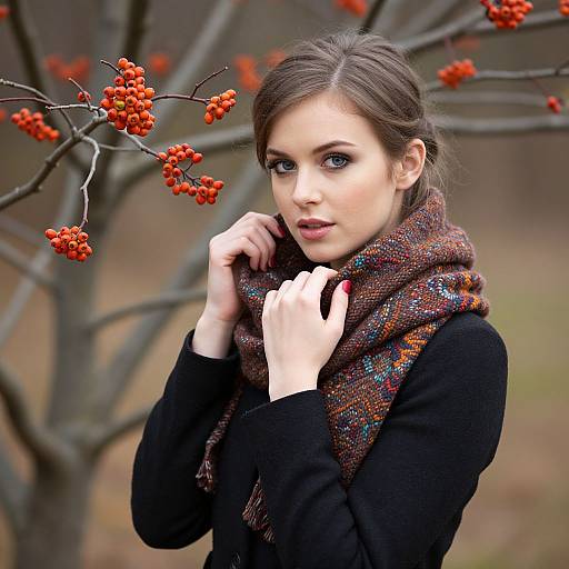Woman with Wool Scarf and Autumn Berries Outdoors