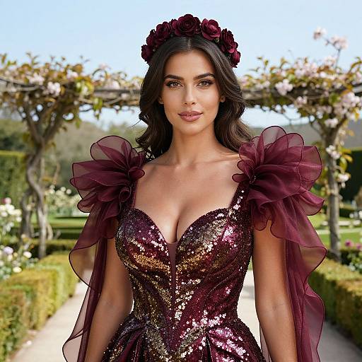 Elegant Woman in Glittering Maroon Sequined Evening Gown with Floral Crown in Garden