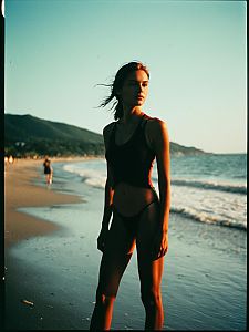 Woman on Beach at Sunset in Black Swimwear by Ocean and Hills