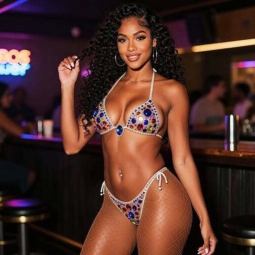 Glamorous Woman in Jewel-Encrusted Bikini and Fishnets at Trendy Bar