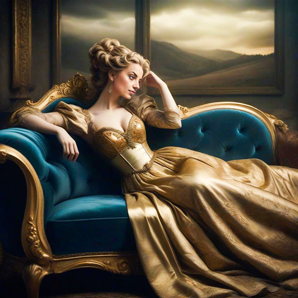 Regal Woman in Golden Gown on Velvet Sofa Regal Woman in Golden Gown on Velvet Sofa