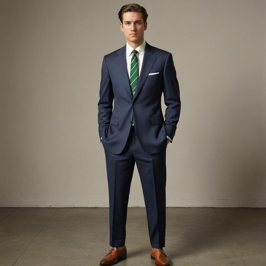 Sophisticated Man in Blue Suit with Green Striped Tie