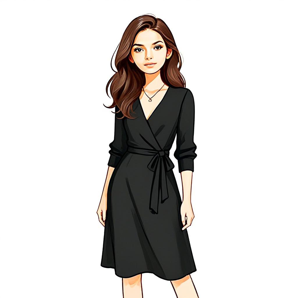 Woman in Chic Black Wrap Dress with Pretty Hair and Elegant Face