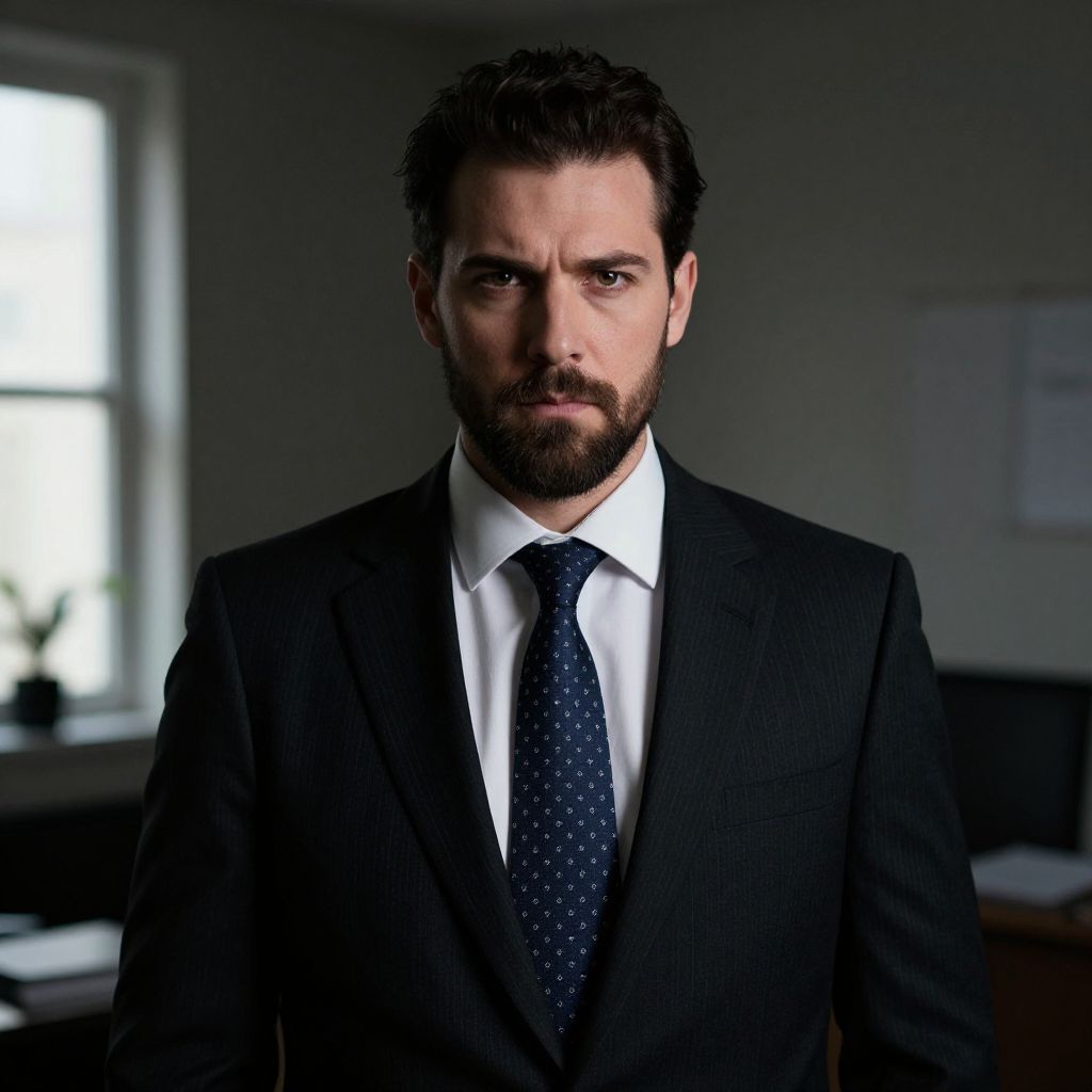 Serious Businessman in Dark Suit with Patterned Tie in Office