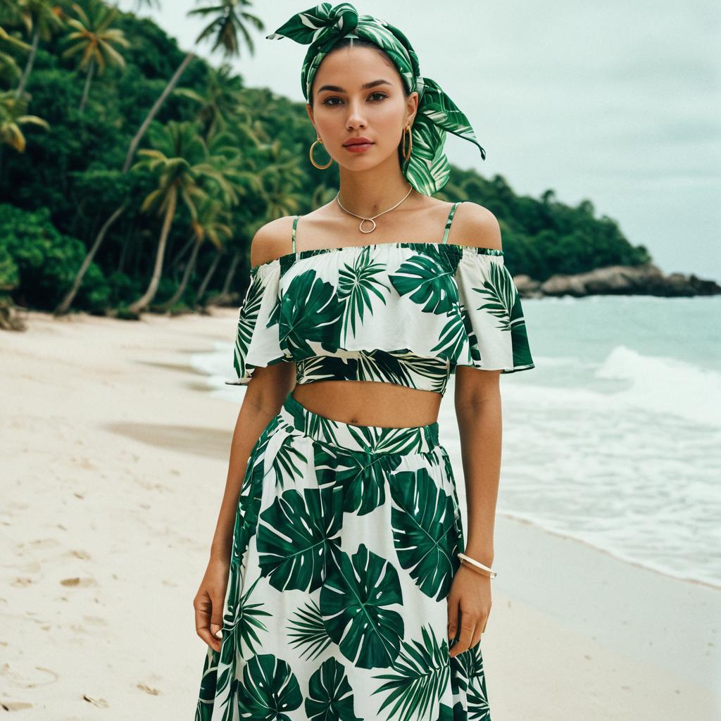 Woman in Green Palm Leaf Outfit on Tropical Beach