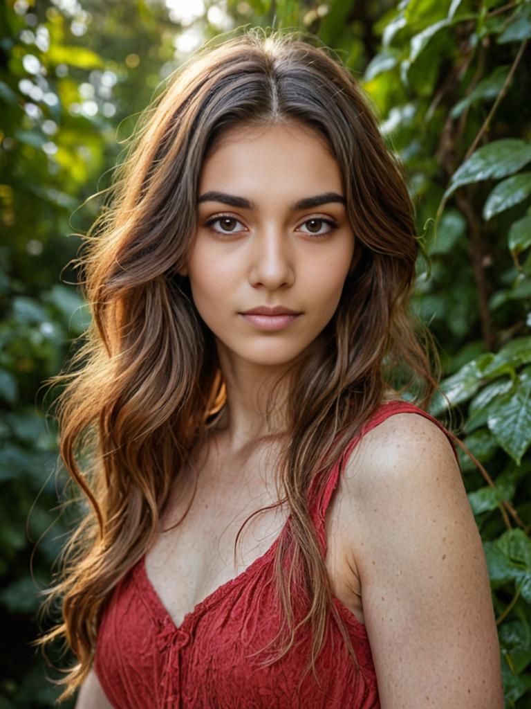 Beautiful Woman in Red Top Surrounded by Nature