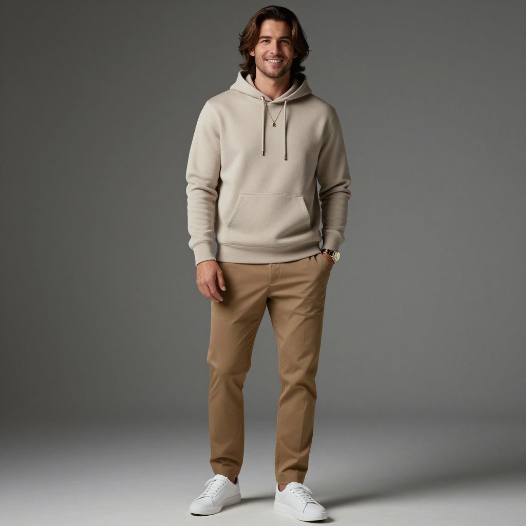 Casual Man Wearing Beige Hoodie and Light Brown Pants Studio Portrait