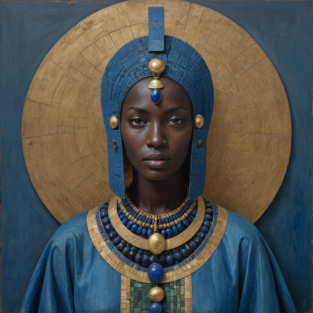 Regal Woman with African Mask in Gold Backdrop