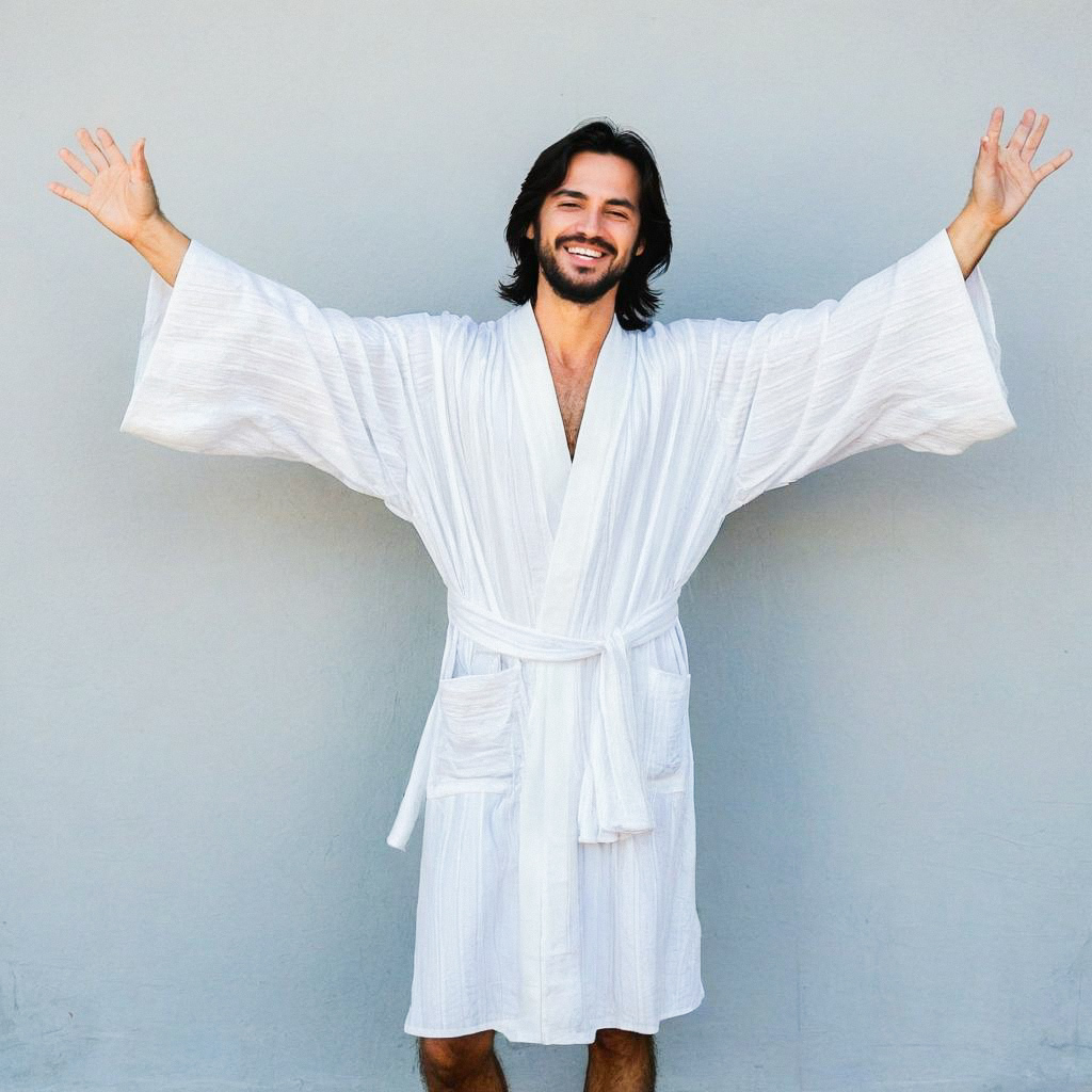 Happy man in bathrobe with joyful expression Happy man in bathrobe with joyful expression