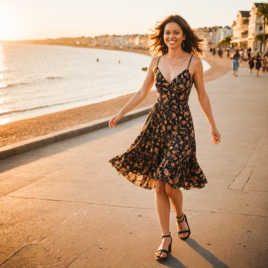 Joyful woman on beach promenade at sunset