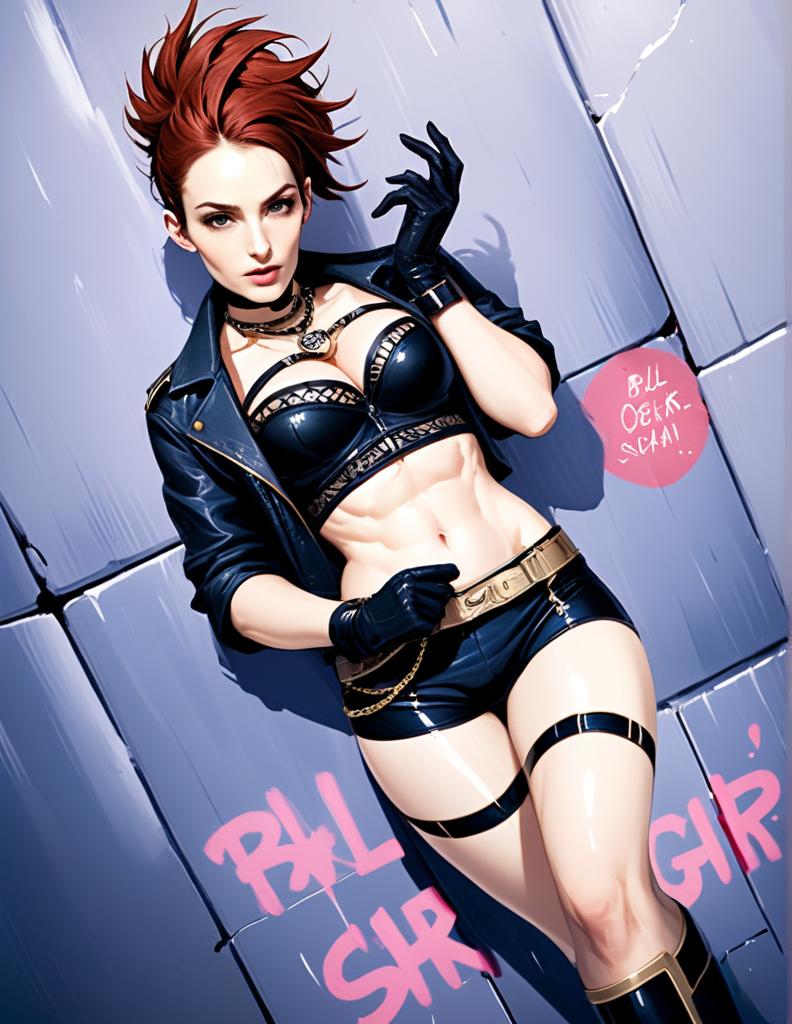 Confident woman in black leather outfit against metallic wall