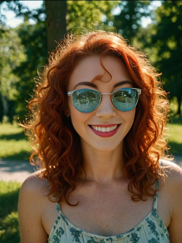 Cheerful woman with curly red hair in a sunny park