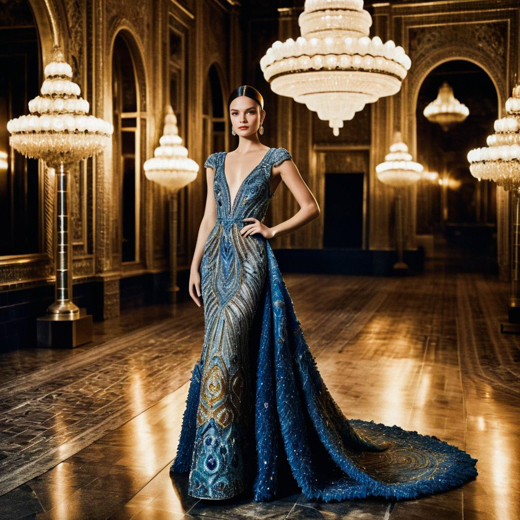 Model in Blue Gown with Embellishments