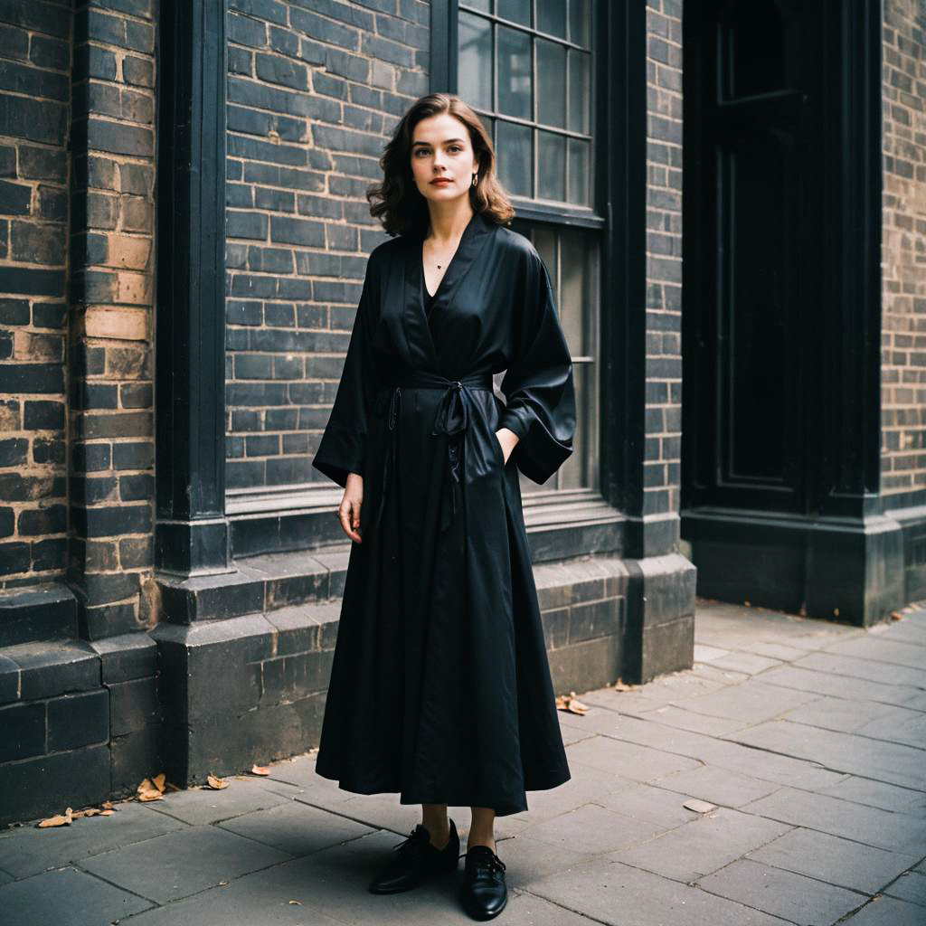 Stylish Woman in Chic Black Robe Against Dark Brick Background