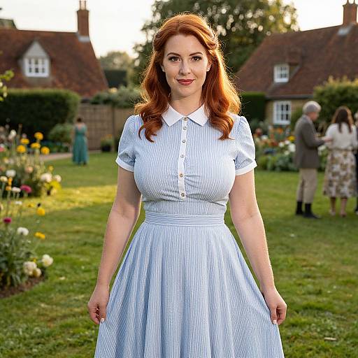 Red-Haired Woman in Vintage Blue Dress in English Garden