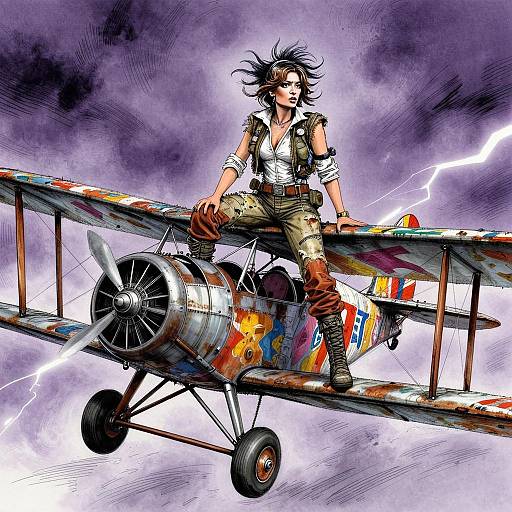 Confident Woman Pilot on Vintage Biplane in Lightning Storm Illustration