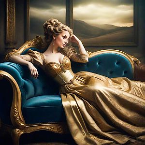 Regal Woman in Golden Gown on Velvet Sofa