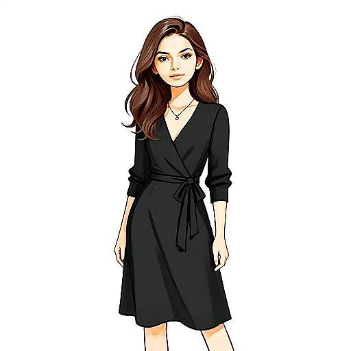 Woman in Chic Black Wrap Dress with Pretty Hair and Elegant Face