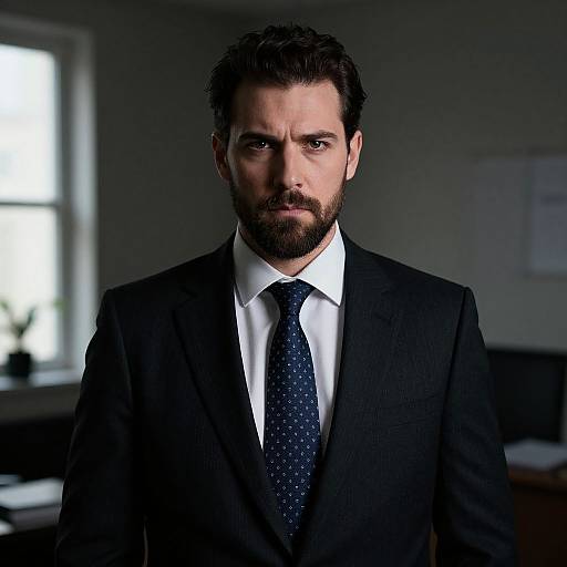 Serious Businessman in Dark Suit with Patterned Tie in Office