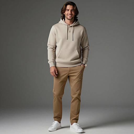 Casual Man Wearing Beige Hoodie and Light Brown Pants Studio Portrait