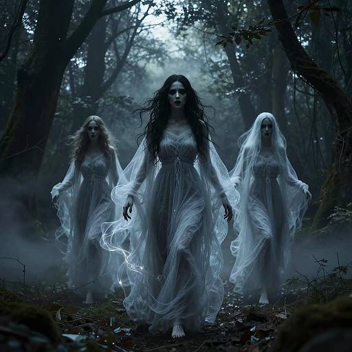 Mystical Ghostly Women in White Gowns Walking through Dark Forest