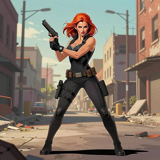 Red-Haired Woman in Tactical Gear Holding Gun in Urban Street Comic Style