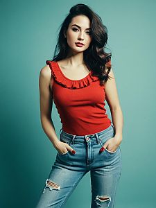 Confident Woman in Red Top and Distressed Jeans Portrait
