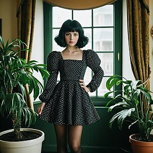 Confident Woman in Vintage Polka Dot Dress