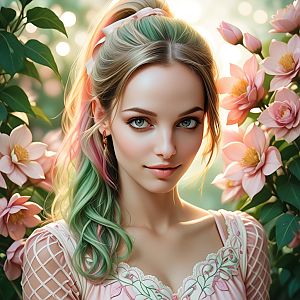 Young Woman with Pastel Hair in Blooming Garden