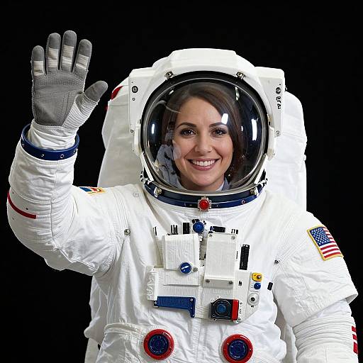 Smiling Woman Astronaut in Modern White Spacesuit Waving