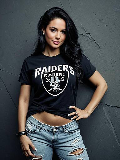 Woman Wearing Raiders Shirt and Ripped Jeans Posing Against Grey Wall