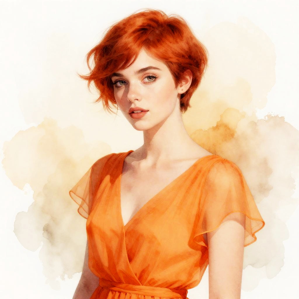 Red Haired Woman in Orange Dress Watercolor Portrait