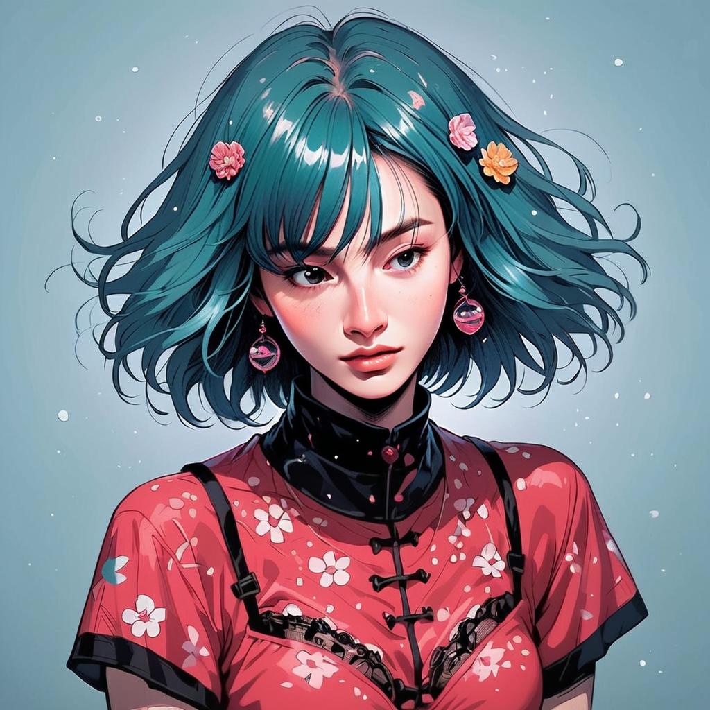 Young Woman with Teal Hair in Floral Dress