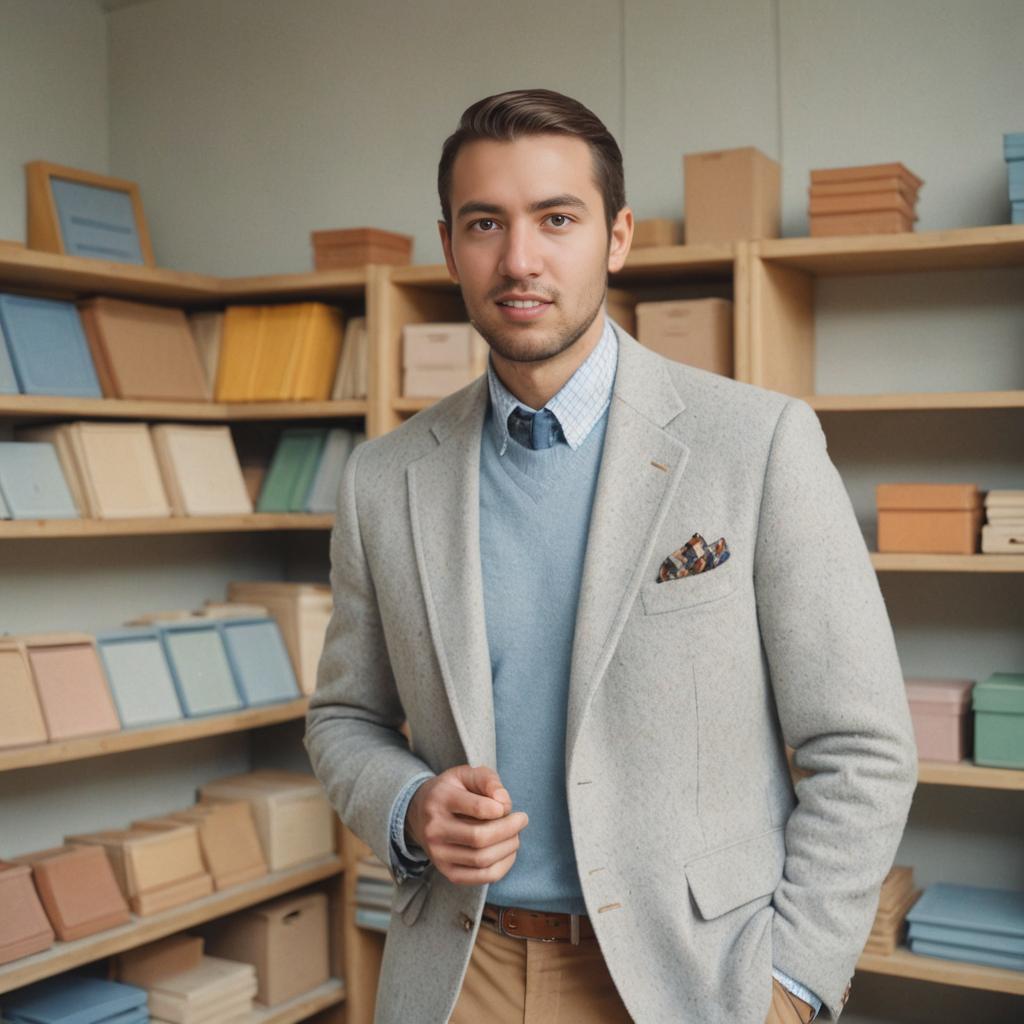 Confident Man in Smart Casual Style with Colorful Shelves