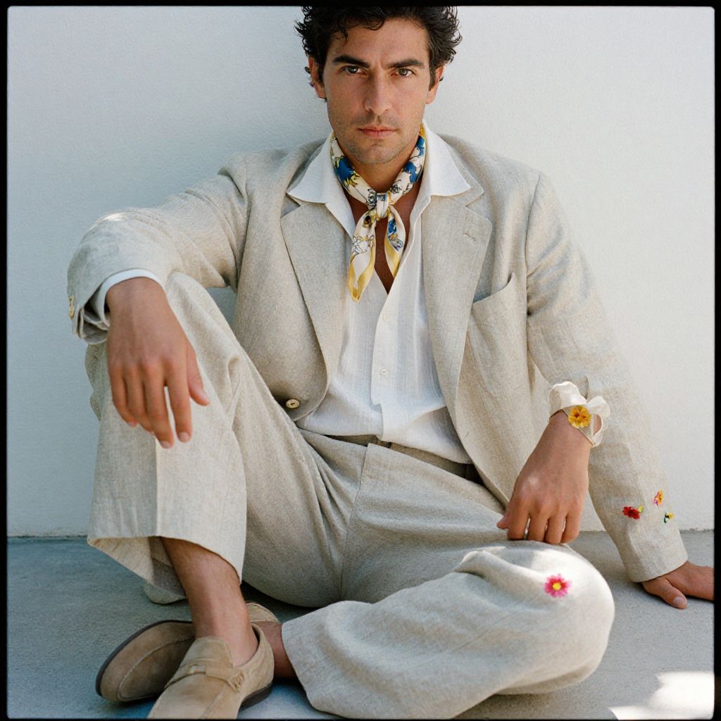 Stylish Man in Beige Linen Suit with Floral Embroidery and Neck Scarf
