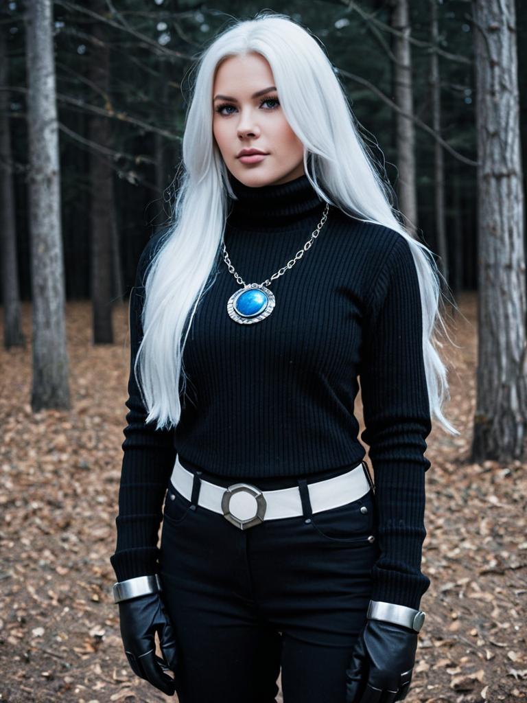Woman with Platinum Hair Wearing Moon-Inspired Necklace in Forest