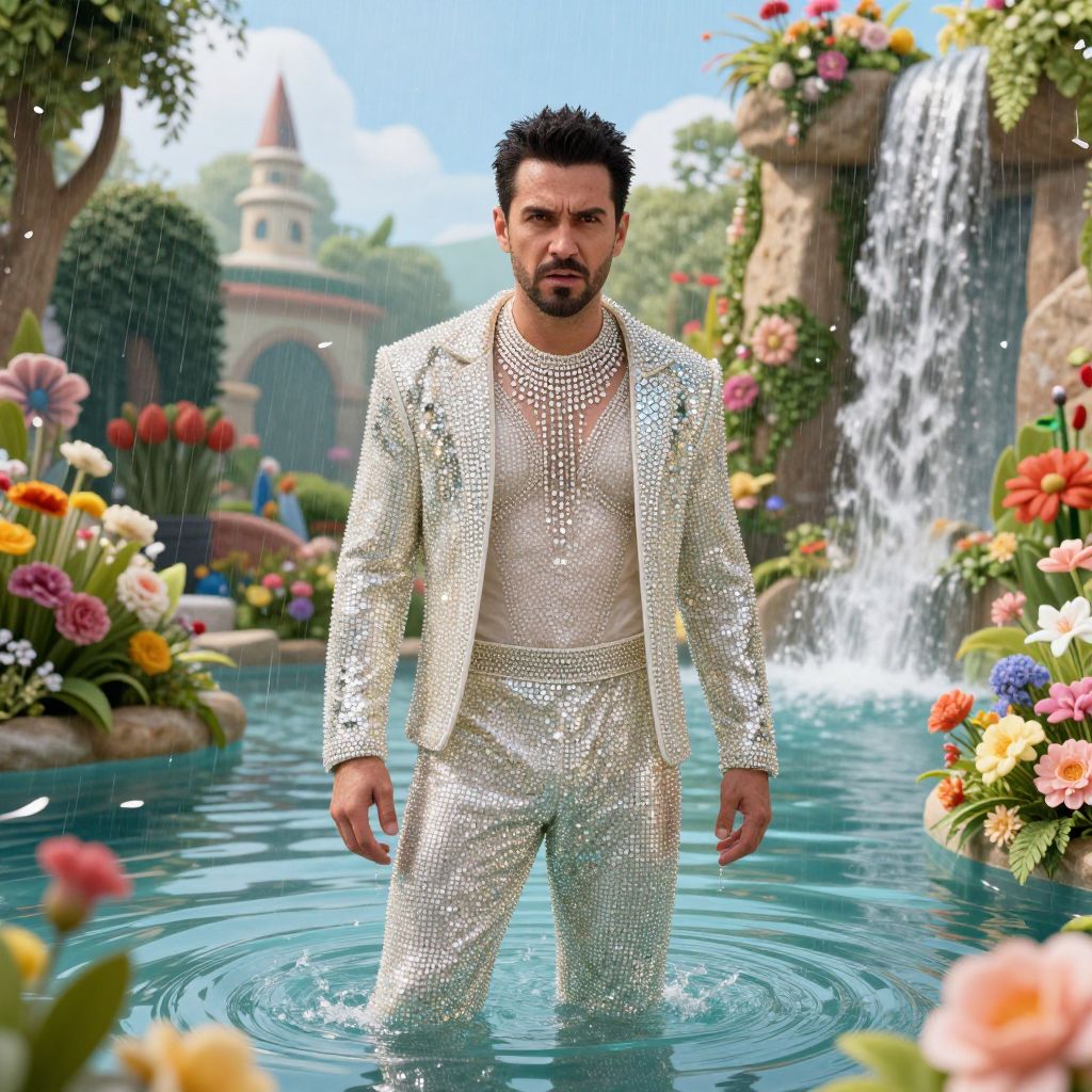 Man in Shimmering Silver Sequin Suit Standing in Garden Pond with Waterfall