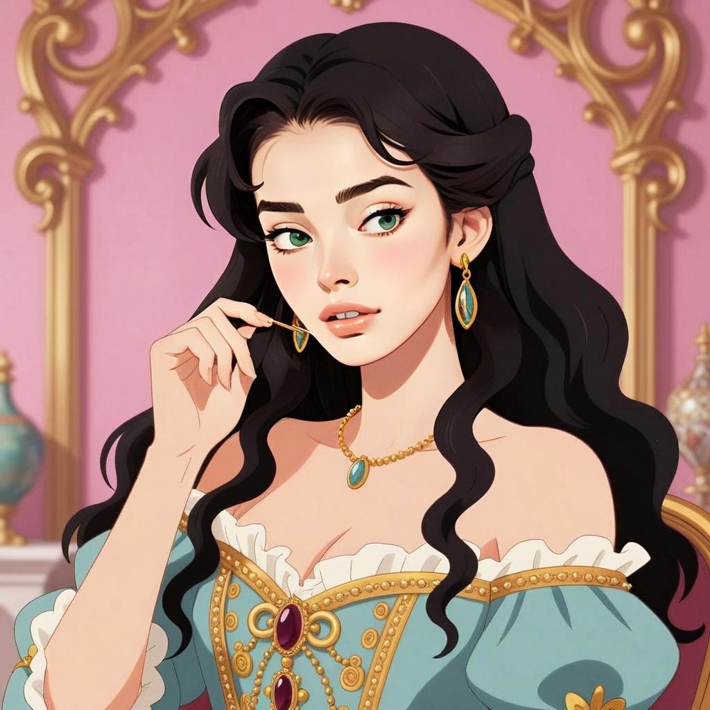 Elegant Renaissance-Inspired Portrait of Woman with Black Hair and Jewelry
