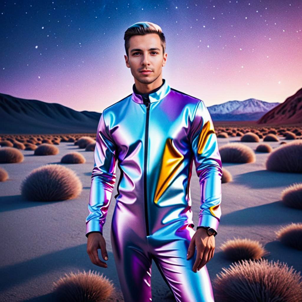 Futuristic Man in Iridescent Jumpsuit in Desert