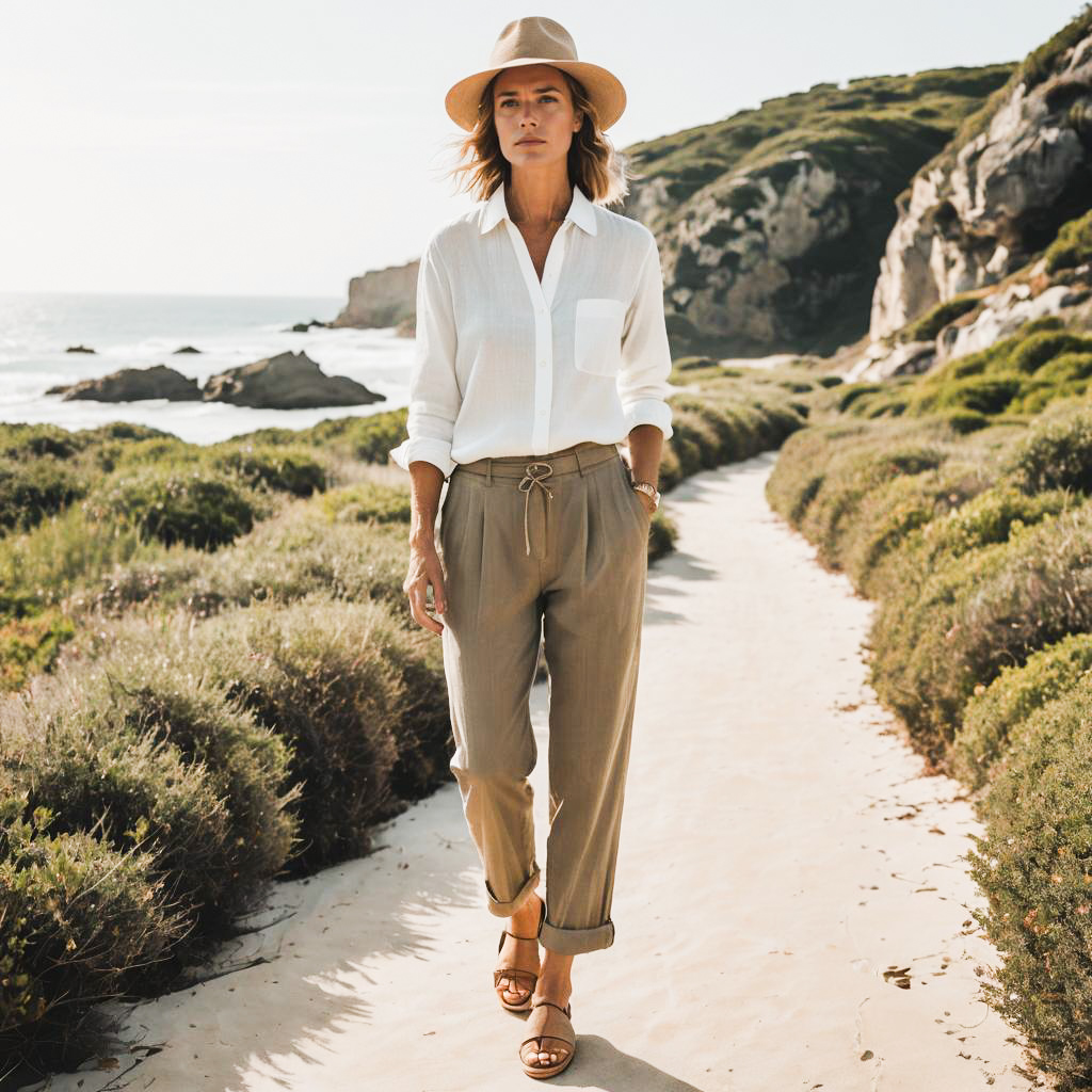 Chic woman on coastal path with ocean view