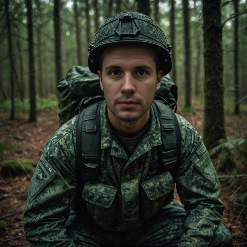 Kneeling Man in Military Attire in Forest