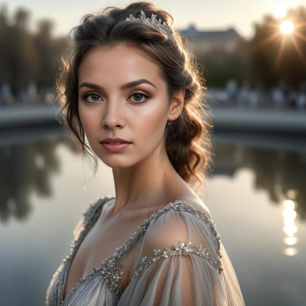 Thoughtful woman in elegant gown at golden hour