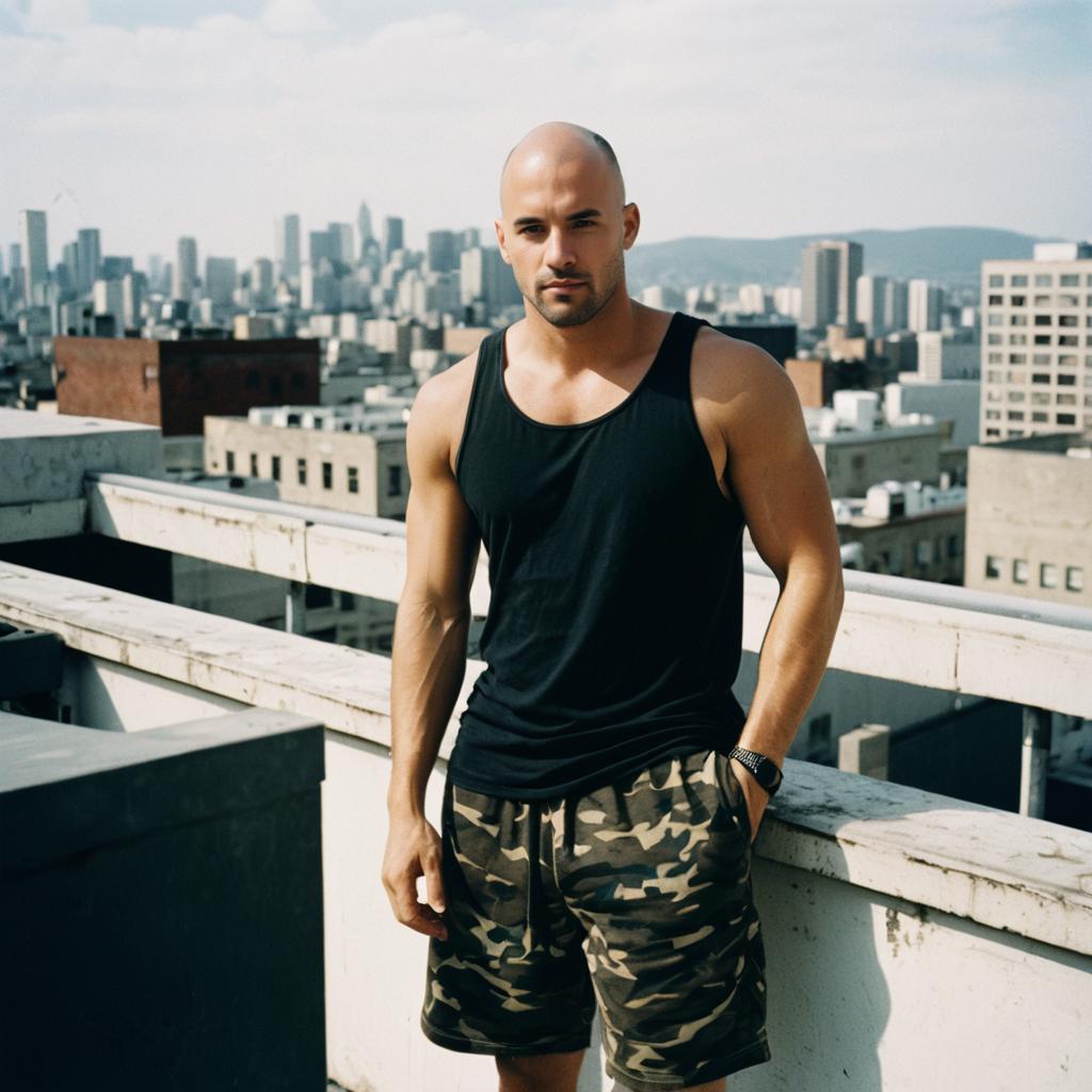 Muscular Bald Man in Black Tank Top on Urban Rooftop with City Skyline
